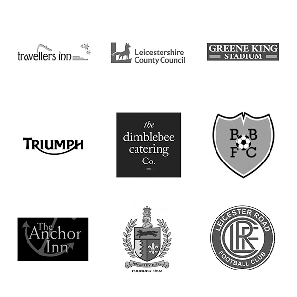 Logos of Easy Laundry commercial clients including Triumph, Hinckley RFC, Leicester Road FC and Greene King Stadium