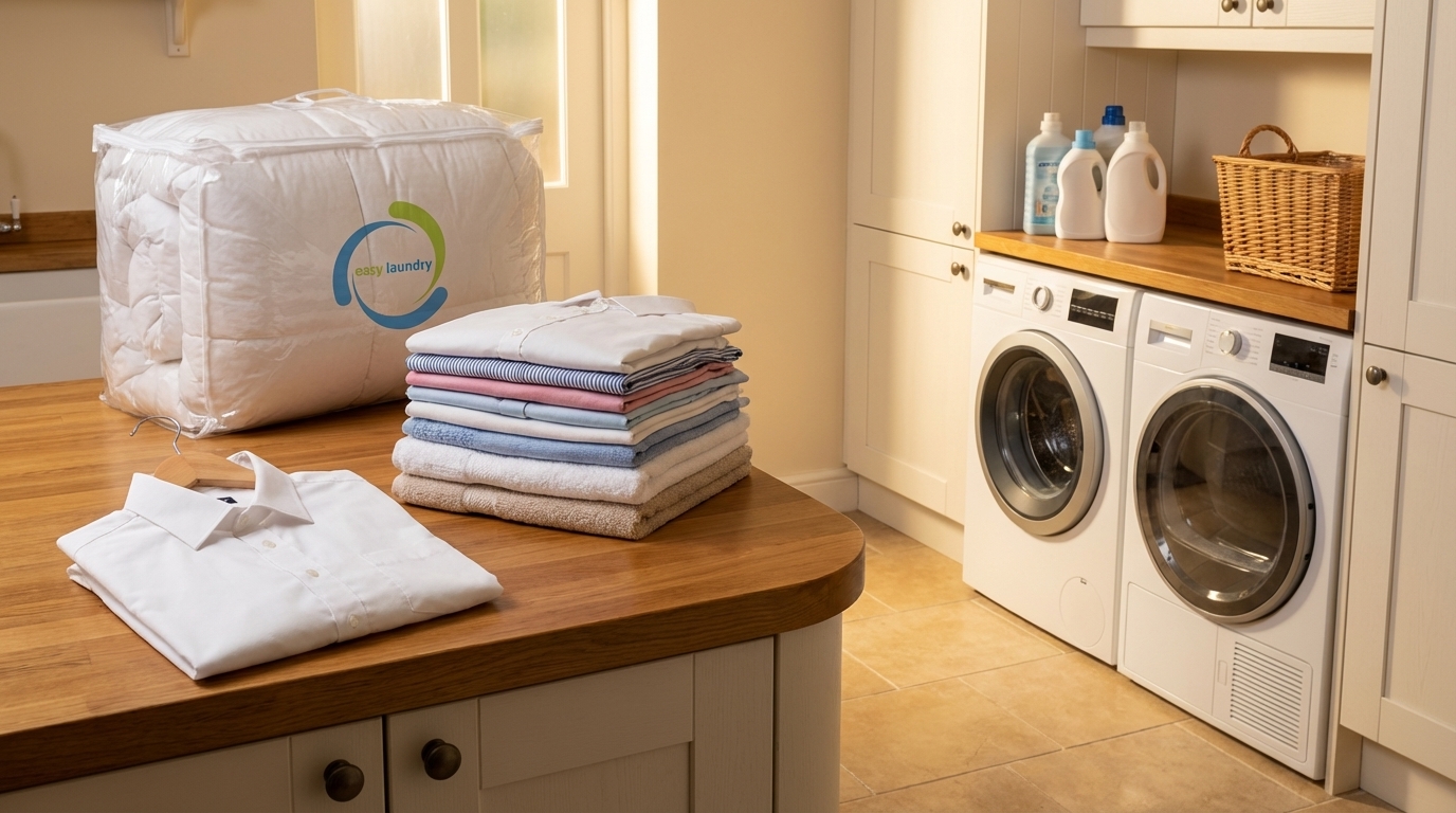 Freshly washed and folded laundry ready for collection from Easy Laundry service wash