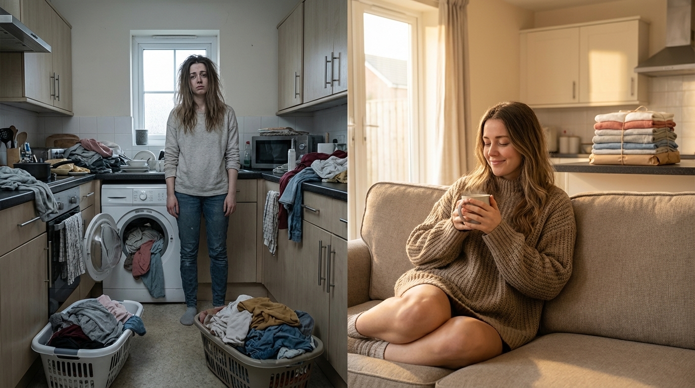 Before and after comparison of a professionally dry cleaned garment