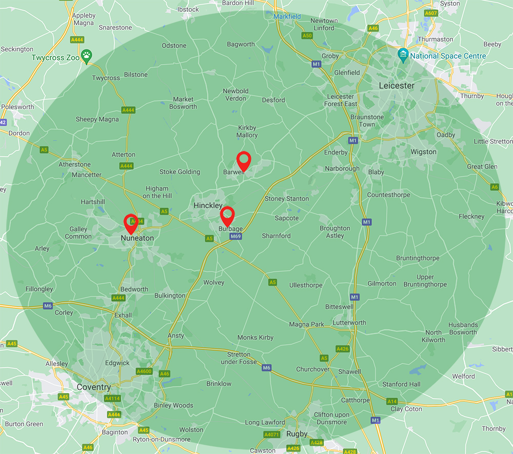 Map showing Easy Laundry collection and delivery coverage area across Hinckley, Burbage, Earl Shilton, Nuneaton and surrounding towns in Leicestershire