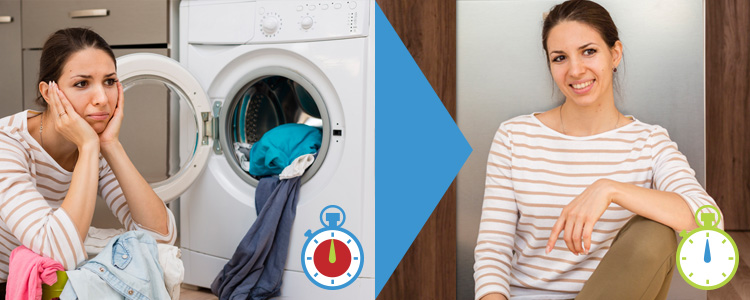 Before and after using Easy Laundry: stressed with laundry on the left, relaxed and happy on the right